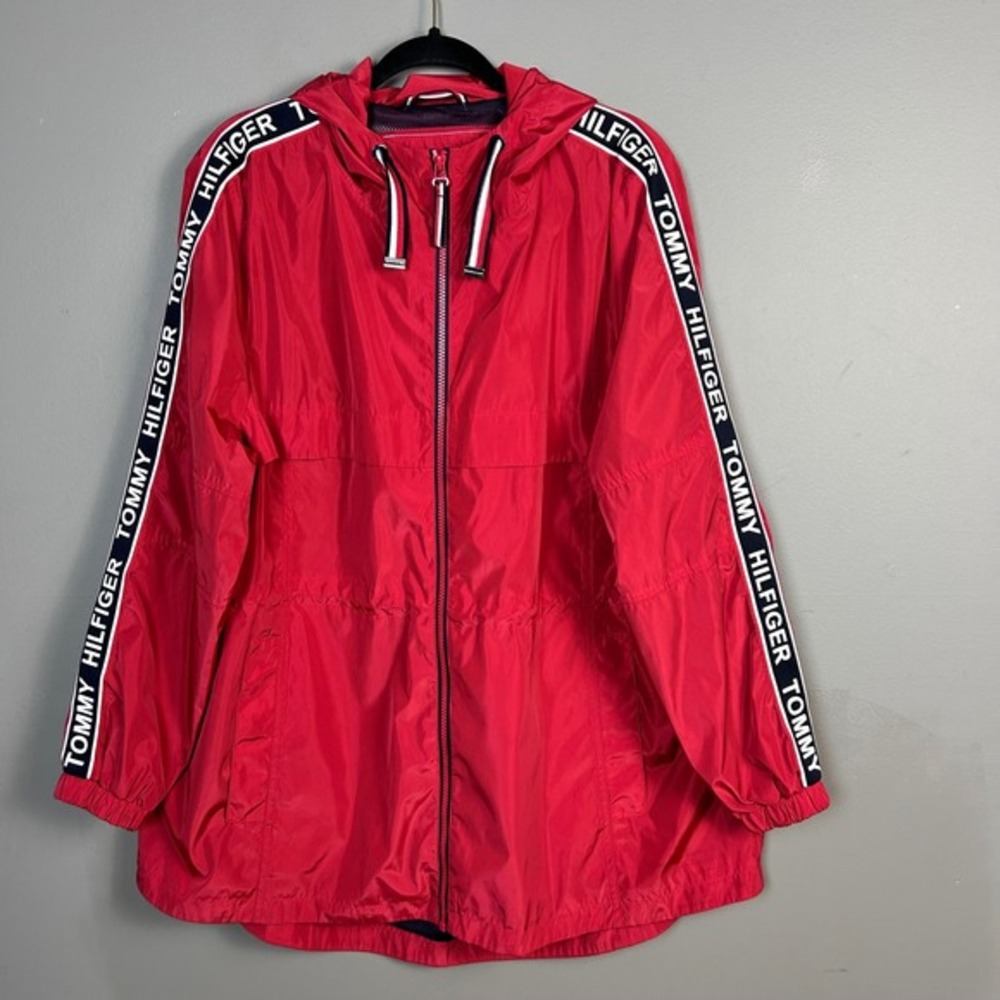 Tommy‎ Hilfiger Windbreaker Jacket XL Logo Tape Red Hooded Preppy New England
